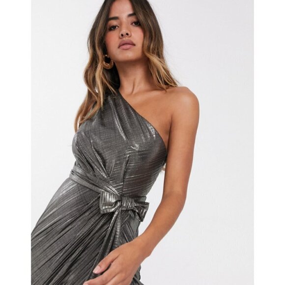 💕TED BAKER💕 Gabria One Shoulder Drape Midi Dress ~ Metallic Gold US 12 NWT - Picture 6 of 16